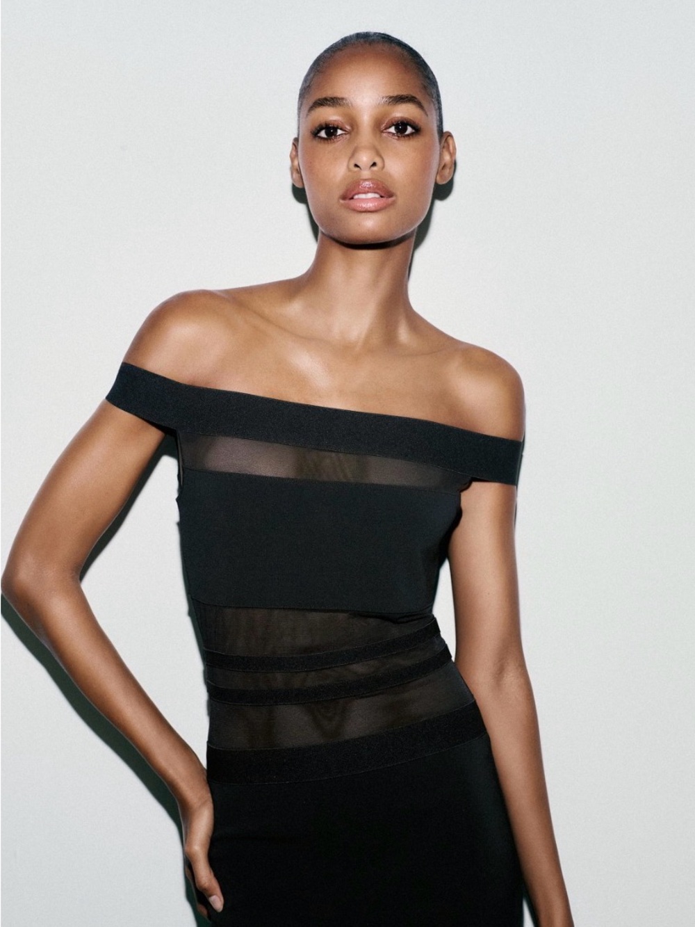 Zara Black Off-Shoulder Mesh-Panel Dress